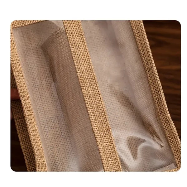 Burlap Jute Double Wine Bottle Bag With Clear Window