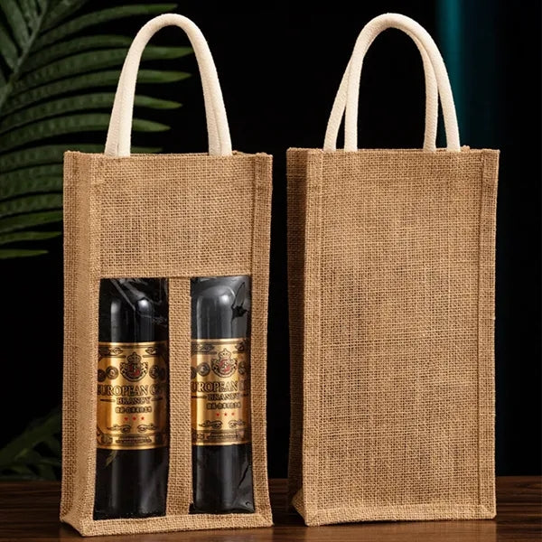 Burlap Jute Double Wine Bottle Bag With Clear Window