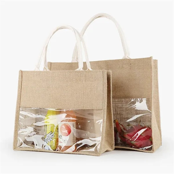 Natural Burlap Grocery Tote Bag With Clear PVC Window