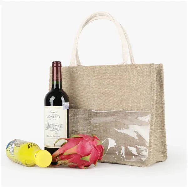 Natural Burlap Grocery Tote Bag With Clear PVC Window