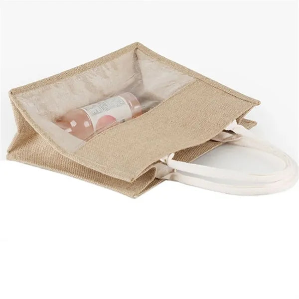 Natural Burlap Grocery Tote Bag With Clear PVC Window