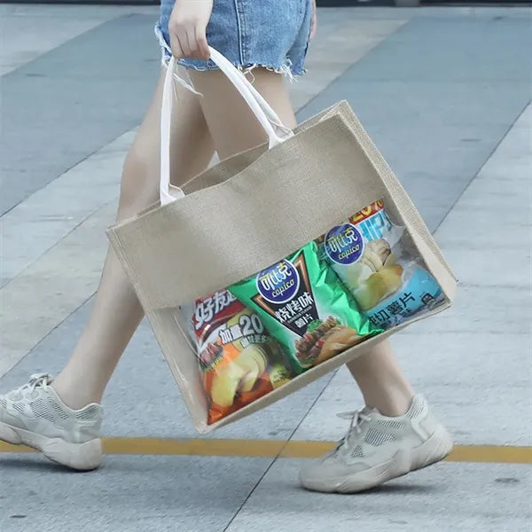 Natural Burlap Grocery Tote Bag With Clear PVC Window