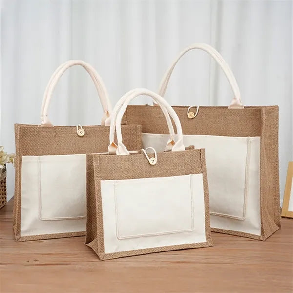 Jute Tote Bags With Canvas Front Pocket