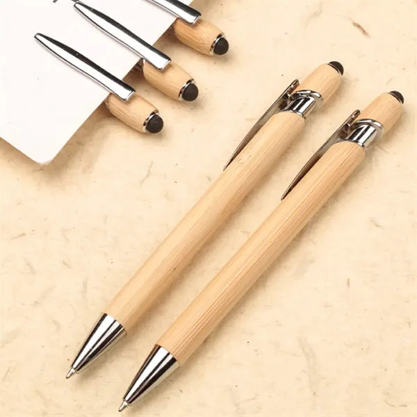 2 In 1 Bamboo Ballpoint Stylus Contact Pen Office Writing