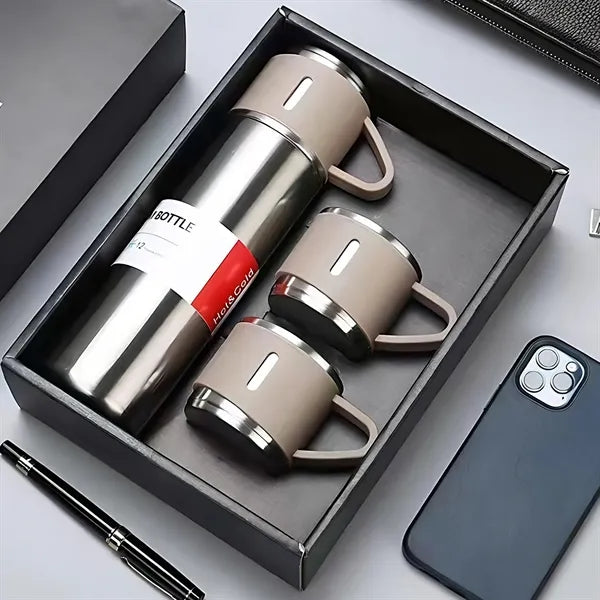 Stainless Steel Thermo Bottle With 3 Cups Insulated Drinks