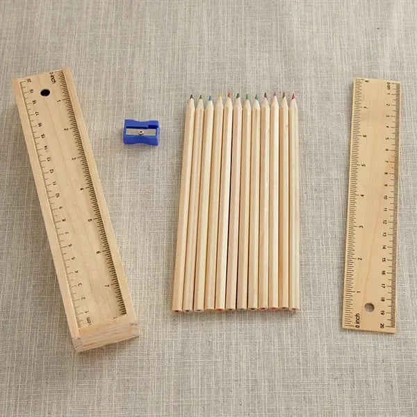 12-Piece Colored Pencil Set In Wooden Ruler Box