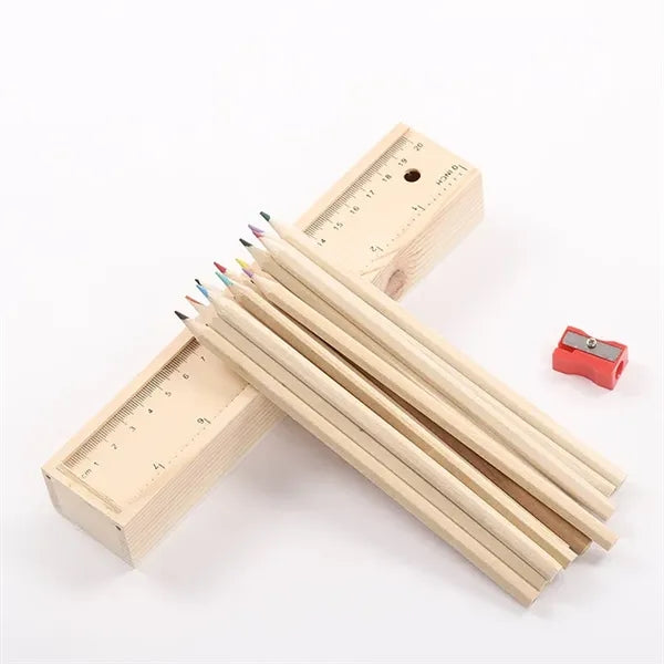 12-Piece Colored Pencil Set In Wooden Ruler Box