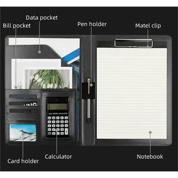 A4 Leather Business Portfolio Calculator Clipboard Organizer