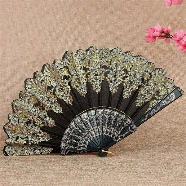 Chinese Folding Vintage Fan with Hot Gold Pattern