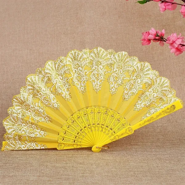 Chinese Folding Vintage Fan with Hot Gold Pattern