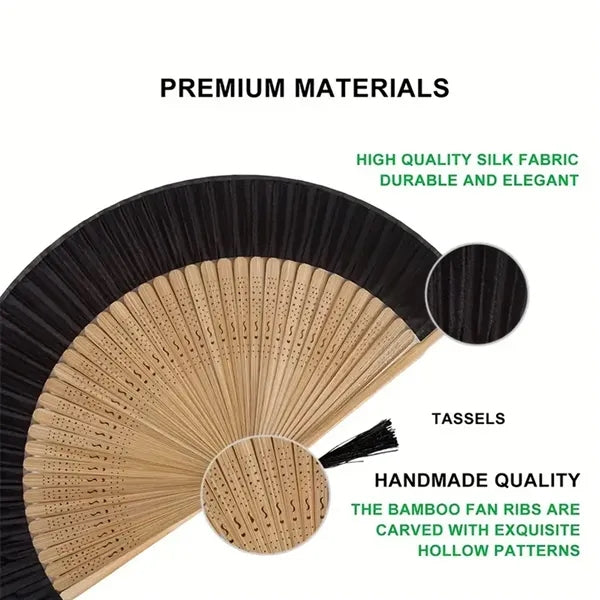 Elegant Black Bamboo Folding Fan Chinese Vintage Style
