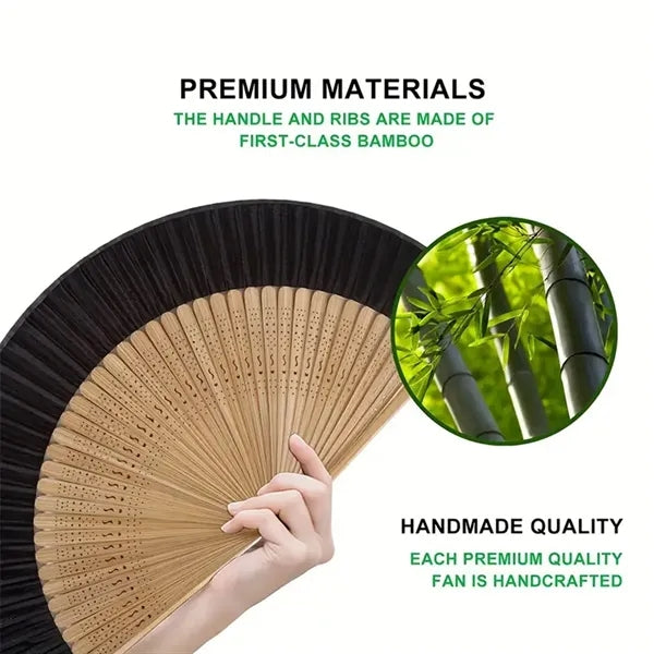 Elegant Black Bamboo Folding Fan Chinese Vintage Style