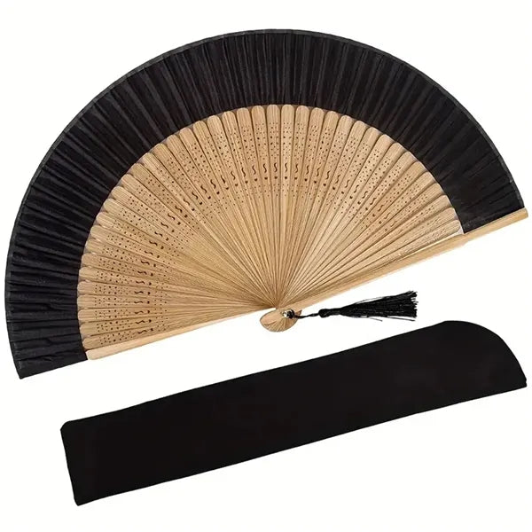 Elegant Black Bamboo Folding Fan Chinese Vintage Style