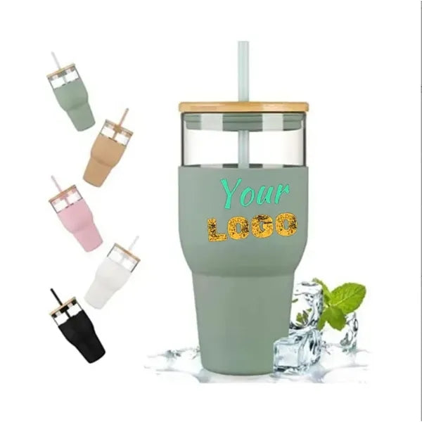 32 Oz. Glass Cups With Lids And Straws