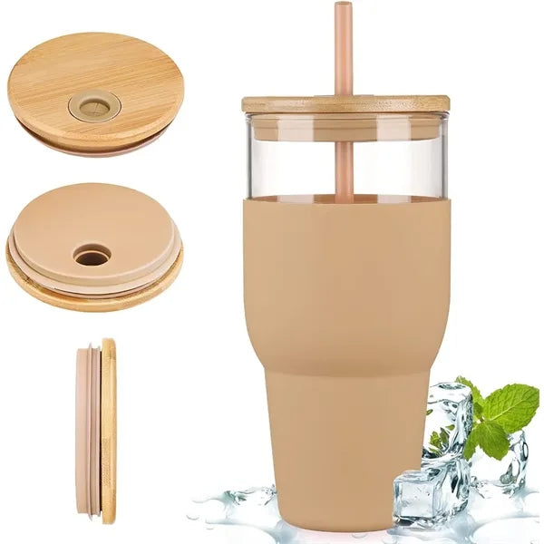 32 Oz. Glass Cups With Lids And Straws