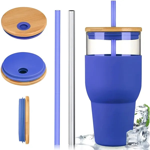 32 Oz. Glass Cups With Lids And Straws