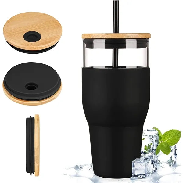 32 Oz. Glass Cups With Lids And Straws