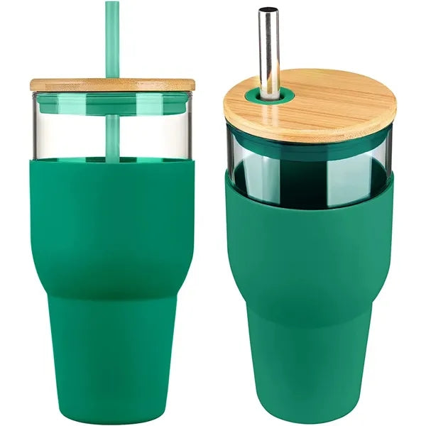 32 Oz. Glass Cups With Lids And Straws