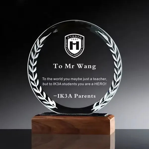 Solid Wood Base Round Crystal Trophy