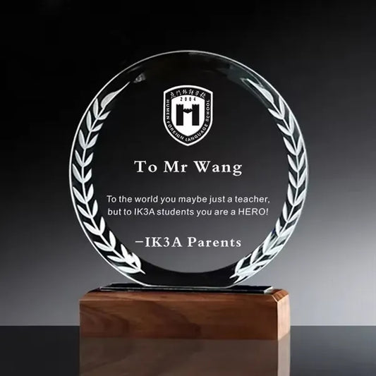 Solid Wood Base Round Crystal Trophy