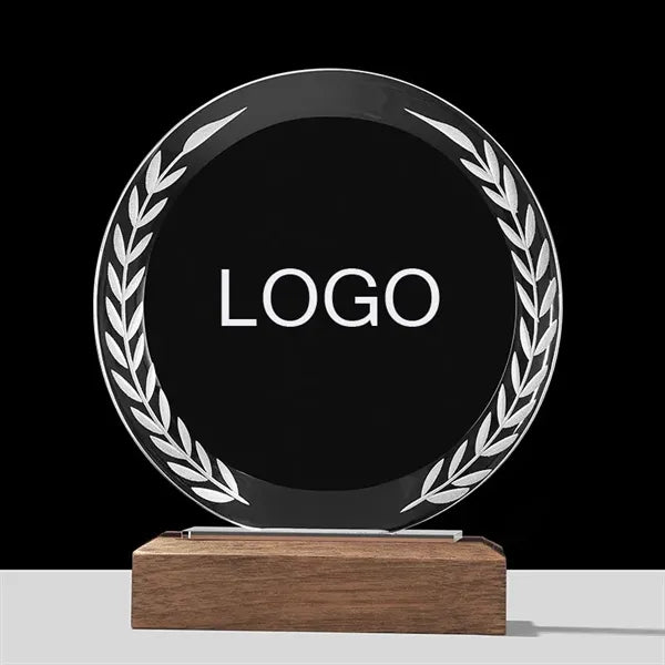 Solid Wood Base Round Crystal Trophy