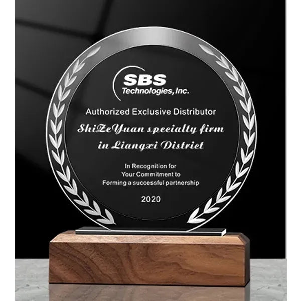 Solid Wood Base Round Crystal Trophy