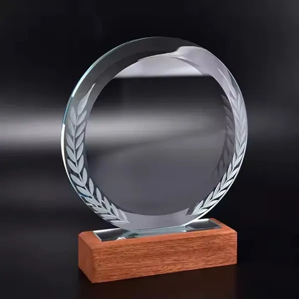 Solid Wood Base Round Crystal Trophy