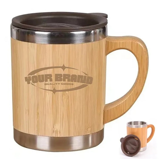 12OZ. Stainless Steel Bamboo Travel Mug with Handle and Lid