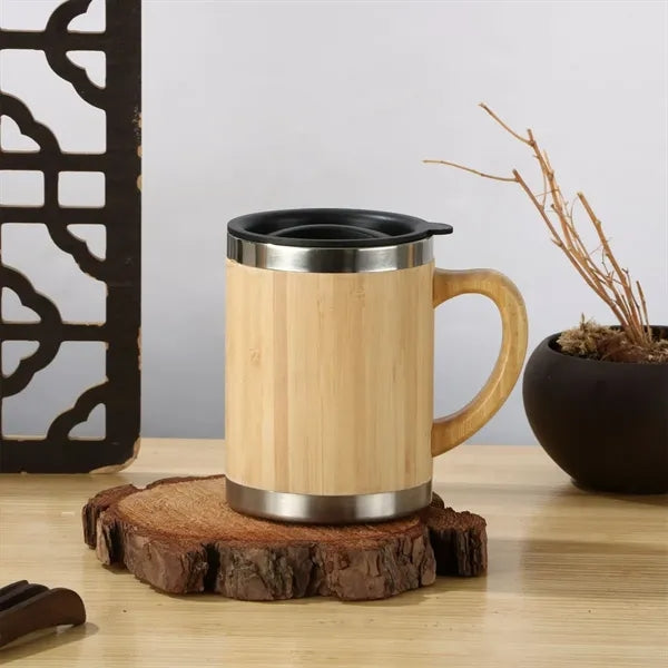12OZ. Stainless Steel Bamboo Travel Mug with Handle and Lid