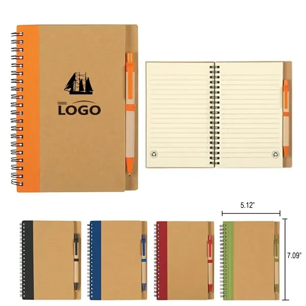 Eco-Inspired Soft Cover Kraft Spiral Notebook With Pen