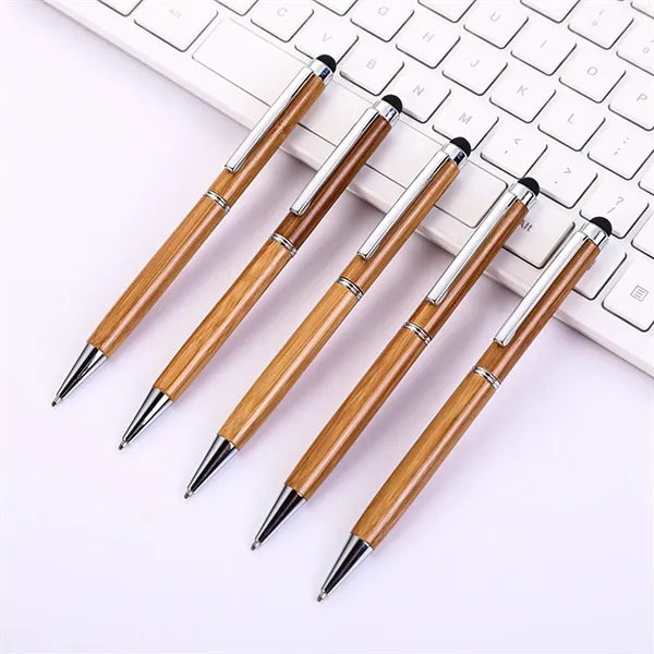 Bamboo Wood Metal Clip Twist Ballpoint Pen with Stylus