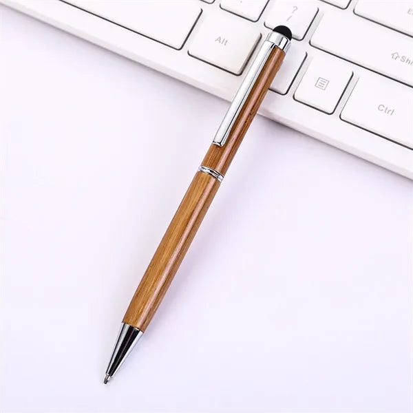 Bamboo Wood Metal Clip Twist Ballpoint Pen with Stylus