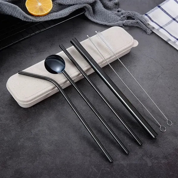Silver Stainless Steel Straw Spoon Set