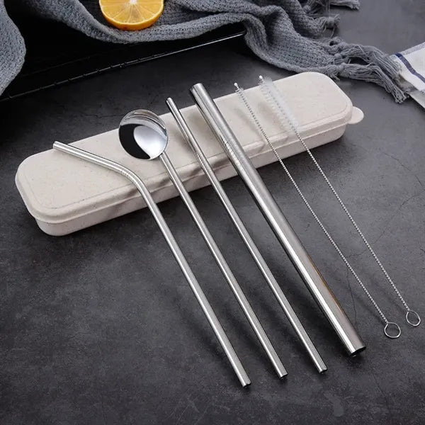Silver Stainless Steel Straw Spoon Set