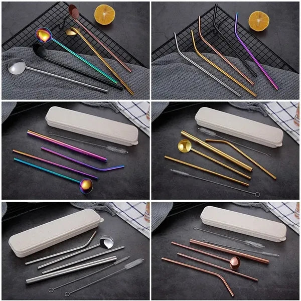 Silver Stainless Steel Straw Spoon Set