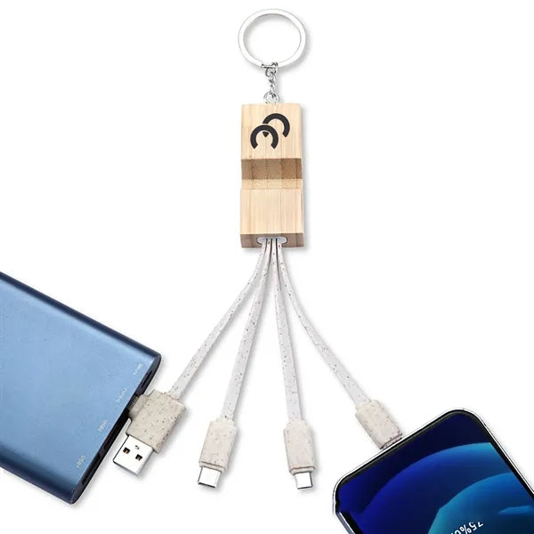 Dual input bamboo wood three in one charging cable