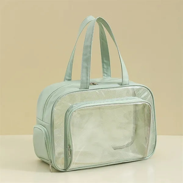 Waterproof cosmetic bag with dry and wet separation.