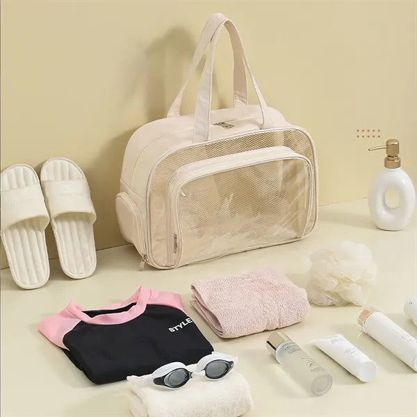 Waterproof cosmetic bag with dry and wet separation.