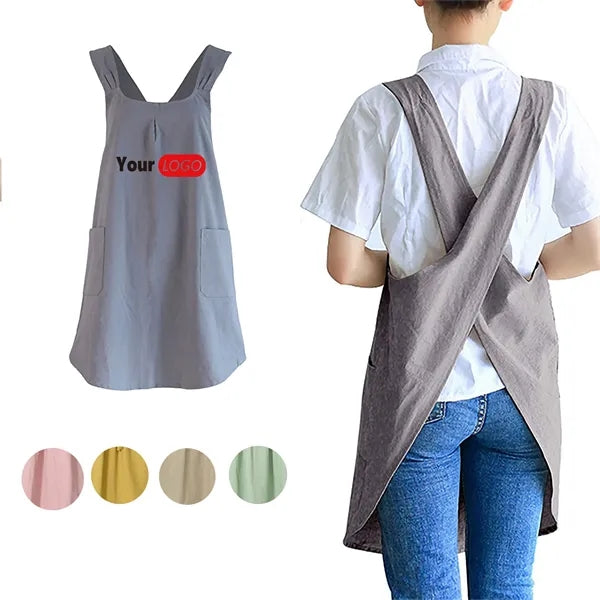 Versatile Cotton Linen Apron Cross-Back Straps Dual Pockets