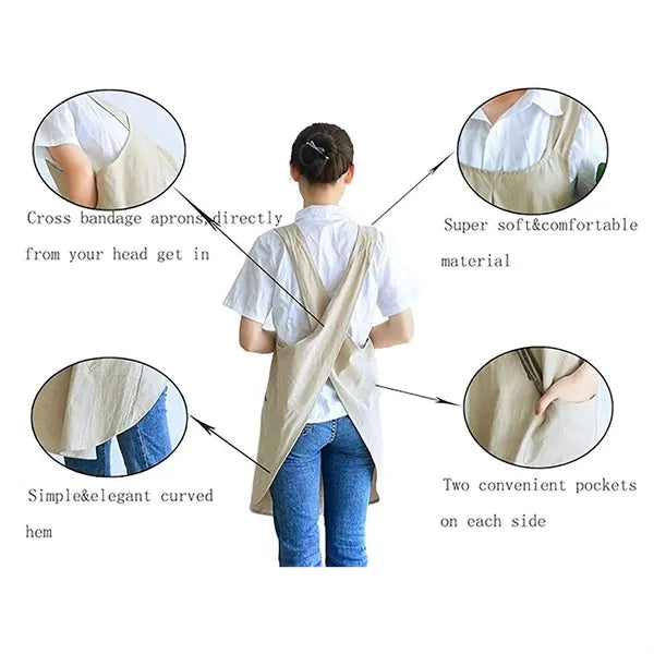 Linen Cotton Apron Cross-Back Straps Dual Pockets