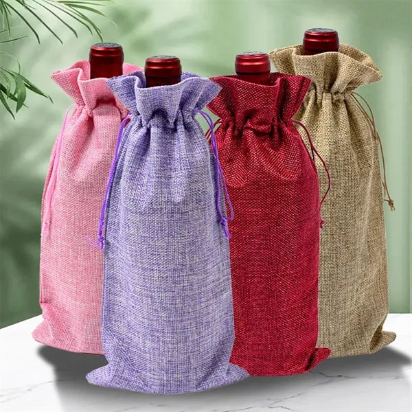 Burlap Wine Bag With Linen Drawstring And Handle
