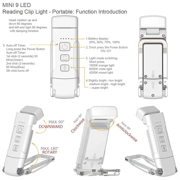 Portable Rechargeable Kids Clip On LED Reading Lights