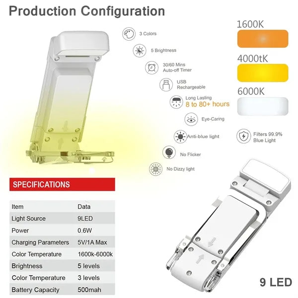 Portable Rechargeable Kids Clip On LED Reading Lights