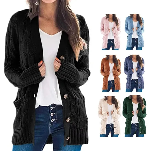 Women's Long Sleeve Knit Sweater Button Loose Outerwear