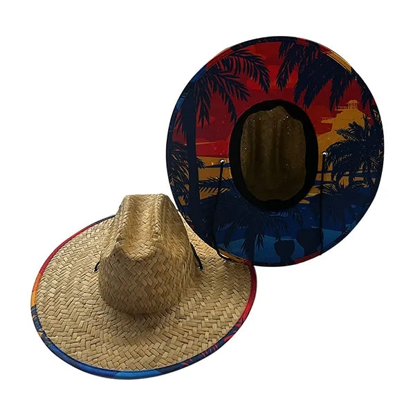 Large Brim Straw Hat with Patch and Inner Decoration