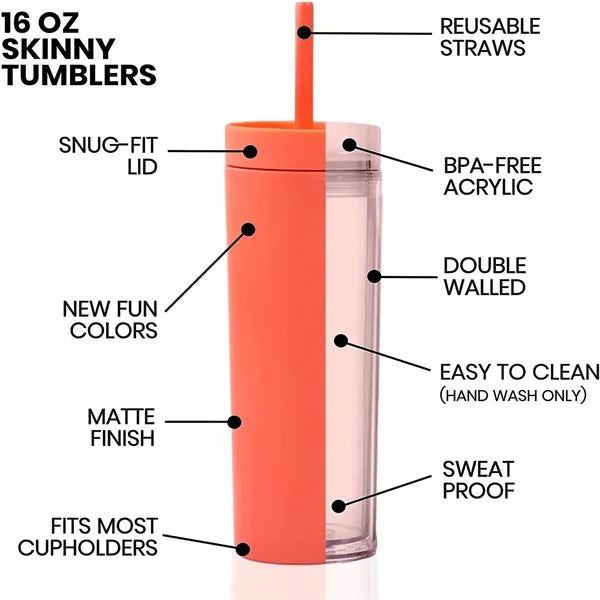 16 oz SKINNY Acrylic Tumblers with Lids and Straws