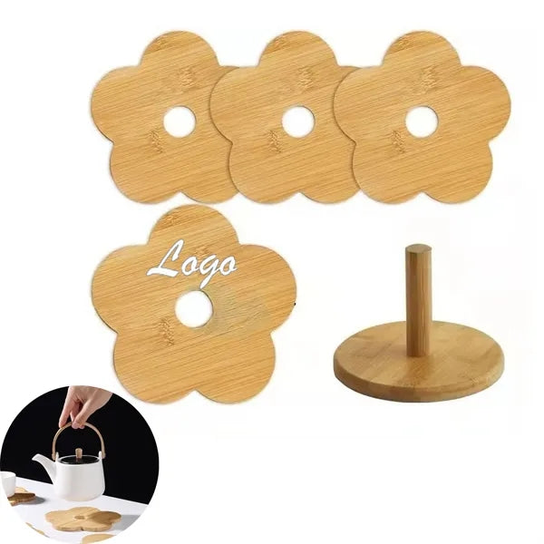 4 Flower-Shaped Bamboo Coaster With Holder