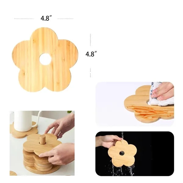 4 Flower-Shaped Bamboo Coaster With Holder