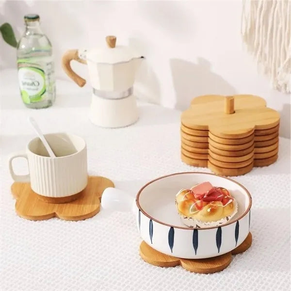 4 Flower-Shaped Bamboo Coaster With Holder