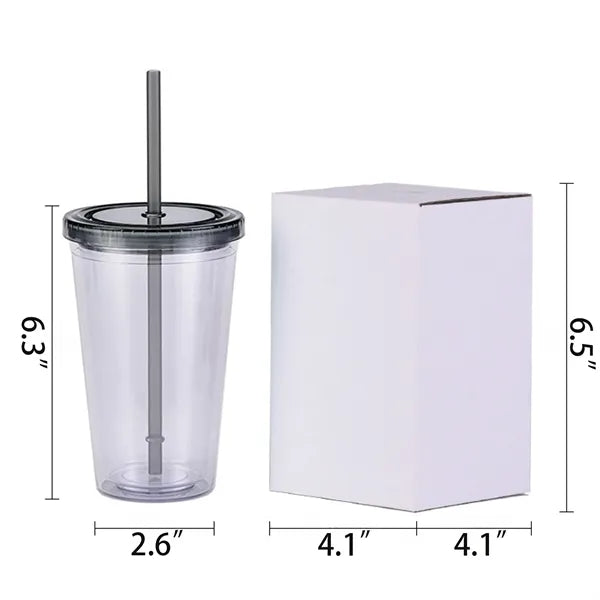 16Oz Double Wall Clear Plastic Cup with Straw